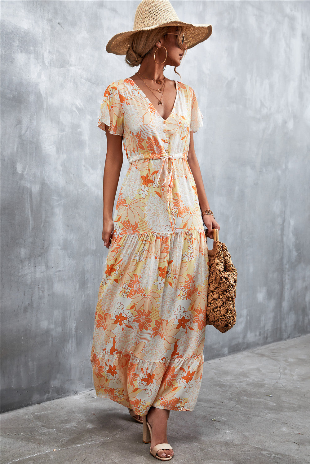 Women’s  Floral Buttoned Drawstring Waist Tiered Dress