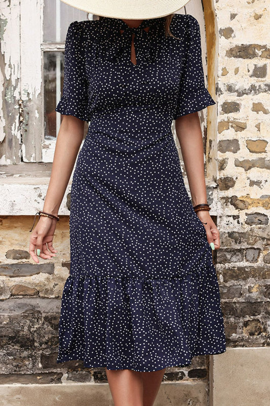 Women’s Polka Dot Tie Front Ruffled Midi Dress