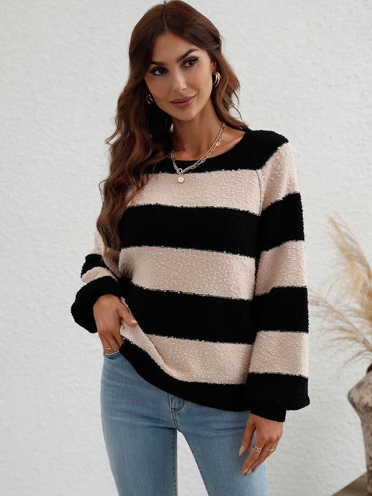 Women’s Striped Raglan Sleeve Ribbed Trim Knit Top