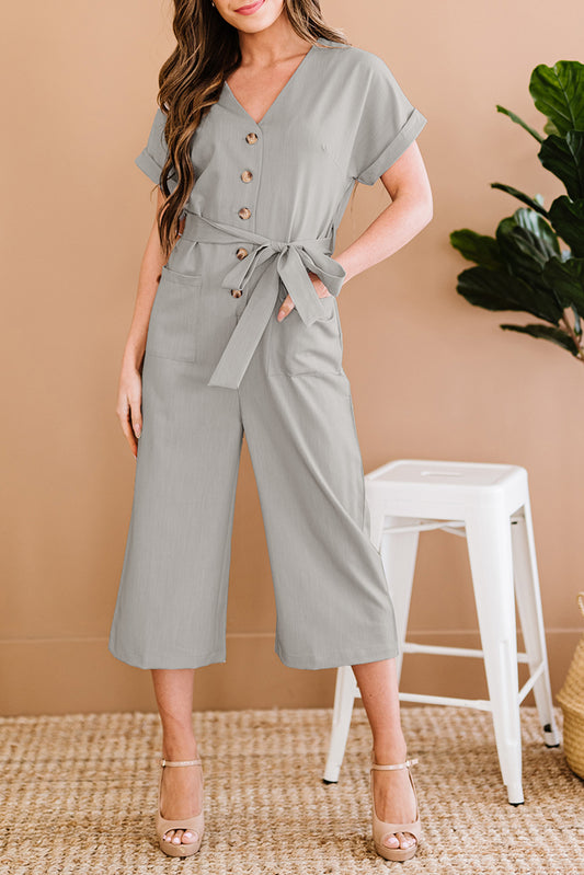 Women’s Button Front Belted Cropped Jumpsuit with Pockets