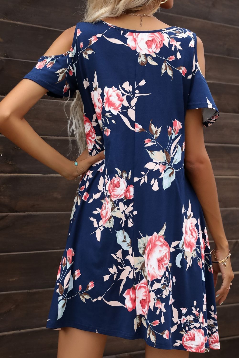 Women’s Floral Round Neck Cold-Shoulder Dress