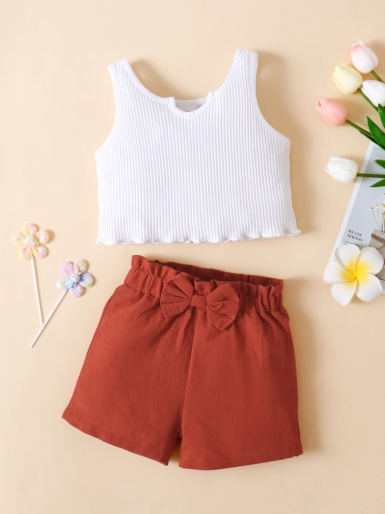 Children’s Girls Ribbed Notched Tank and Bow Detail Shorts Set