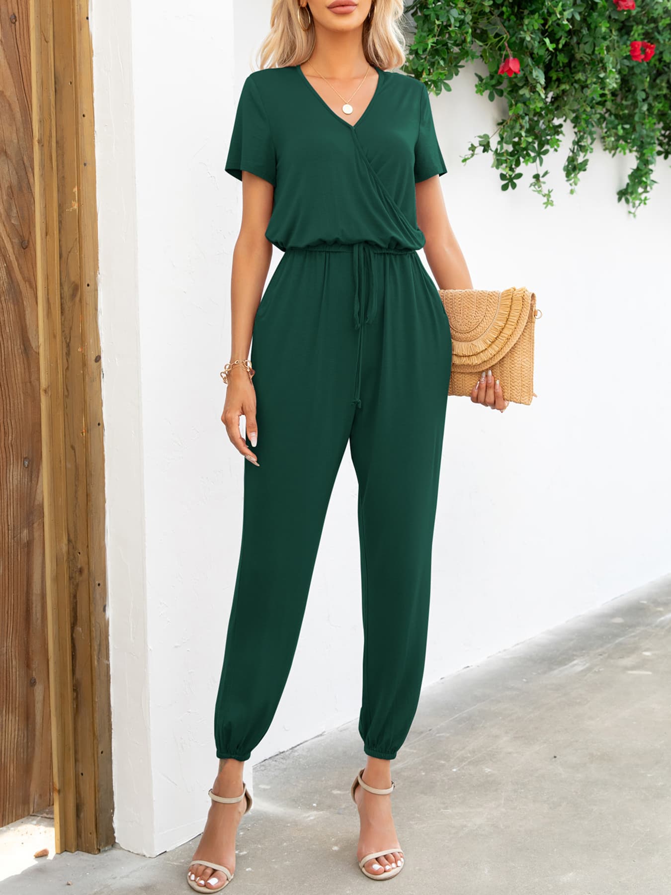 Women’s Short Sleeve V-Neck Jumpsuit with Pockets