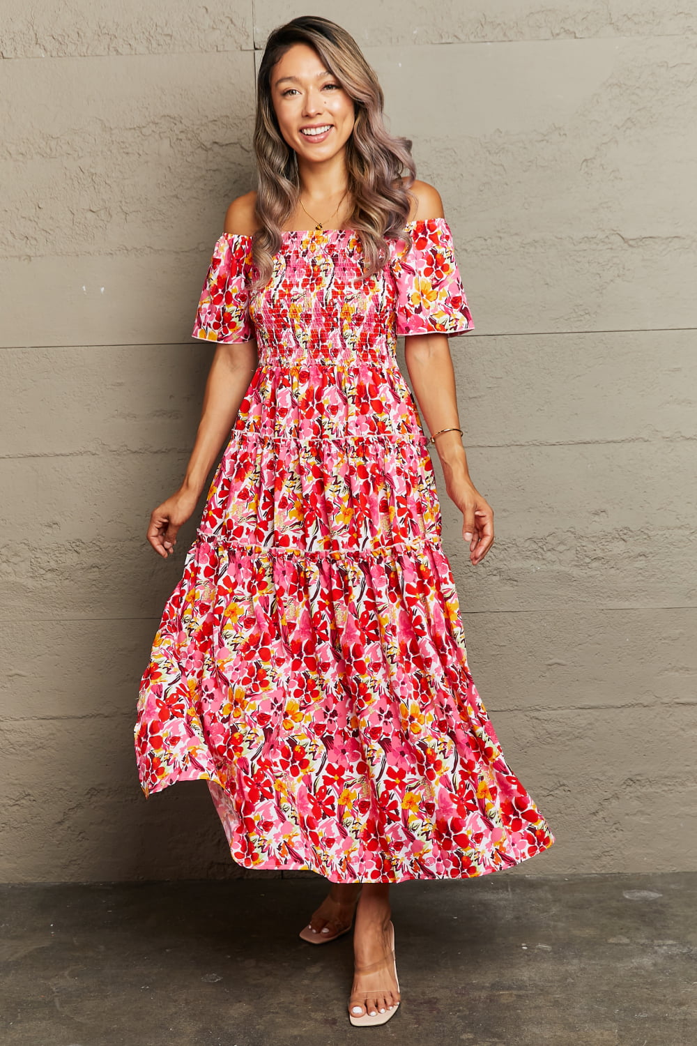Women’s Floral Off-Shoulder Frill Trim Maxi Dress
