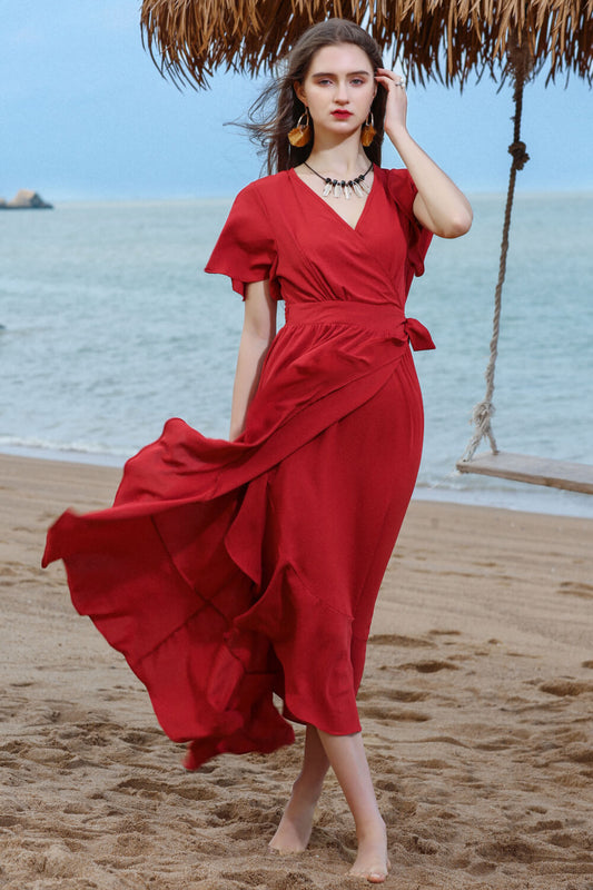 Women’s Ruffled Flutter Sleeve Tied Surplice Dress