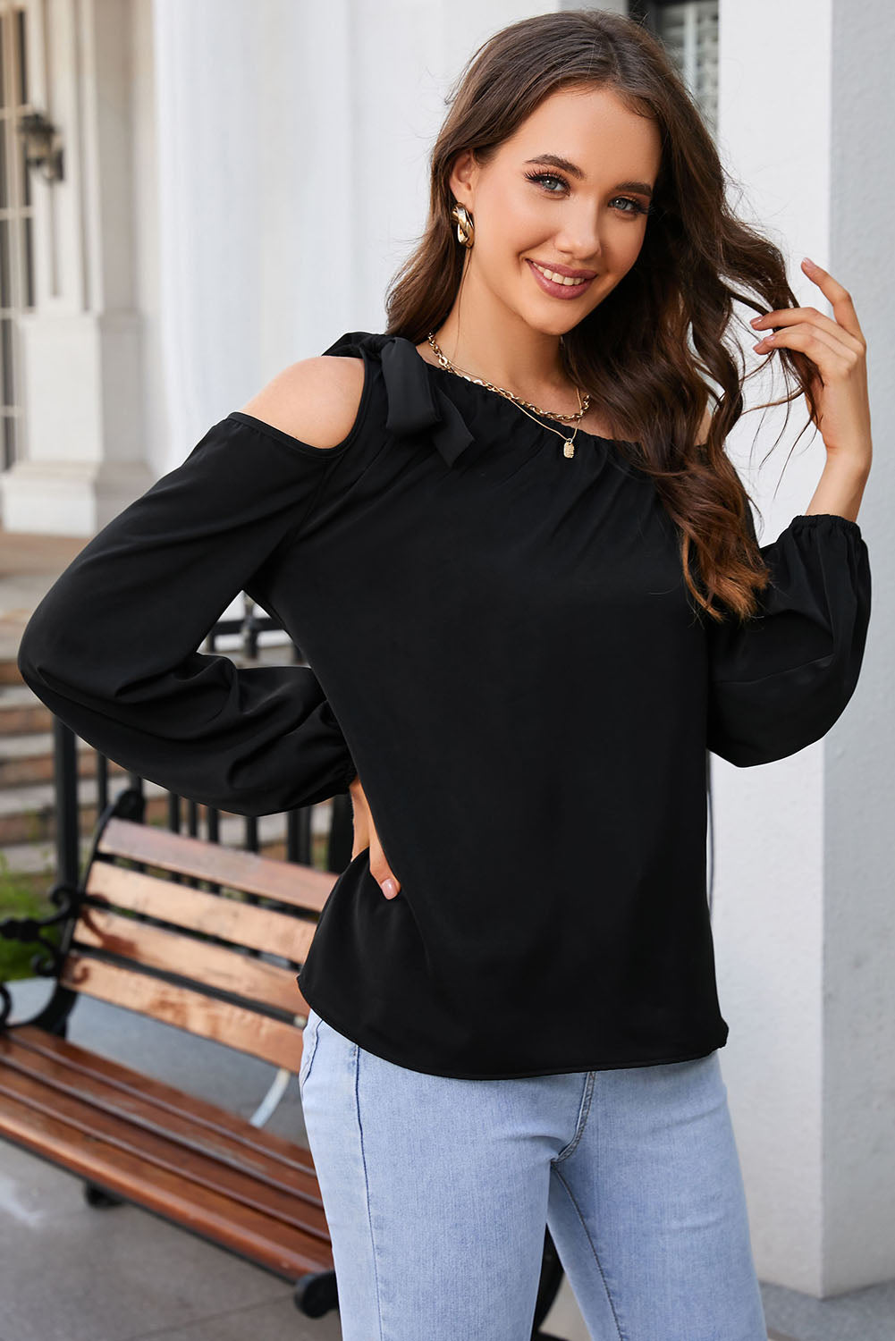 Women’s Tied Asymmetrical Neck Cold-Shoulder Blouse