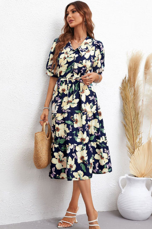 Women’s Floral Collared Neck Tiered Midi Dress