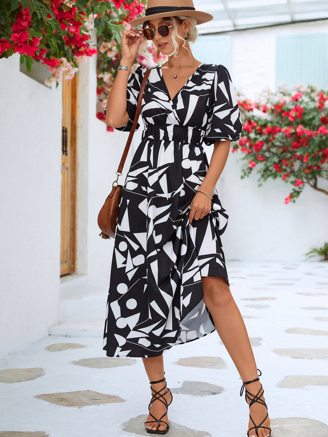 Women’s Printed Surplice Balloon Sleeve Dress