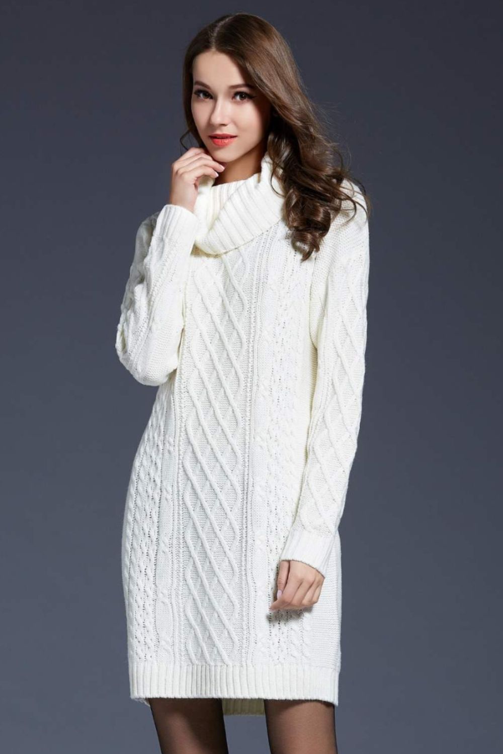 Women’s Full Size Mixed Knit Cowl Neck Dropped Shoulder Sweater Dress