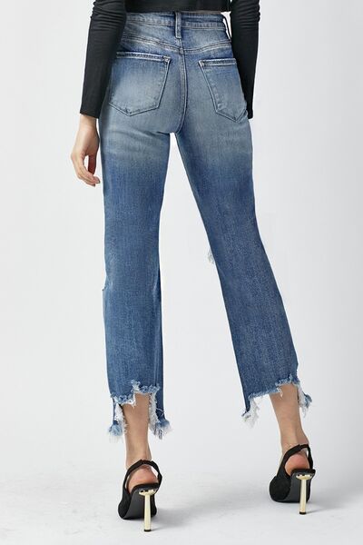 Women’s RISEN High Waist Distressed Frayed Hem Cropped Straight Jeans