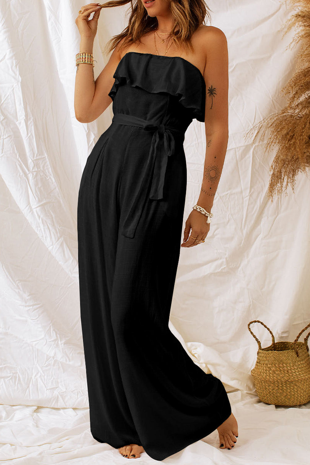 Women’s Tie-Waist Ruffled Strapless Wide Leg Jumpsuit