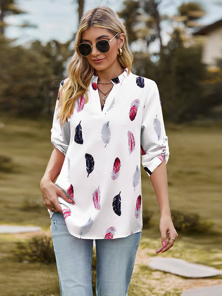 Women’s Printed Roll-Tab Sleeve Notched Neck Blouse