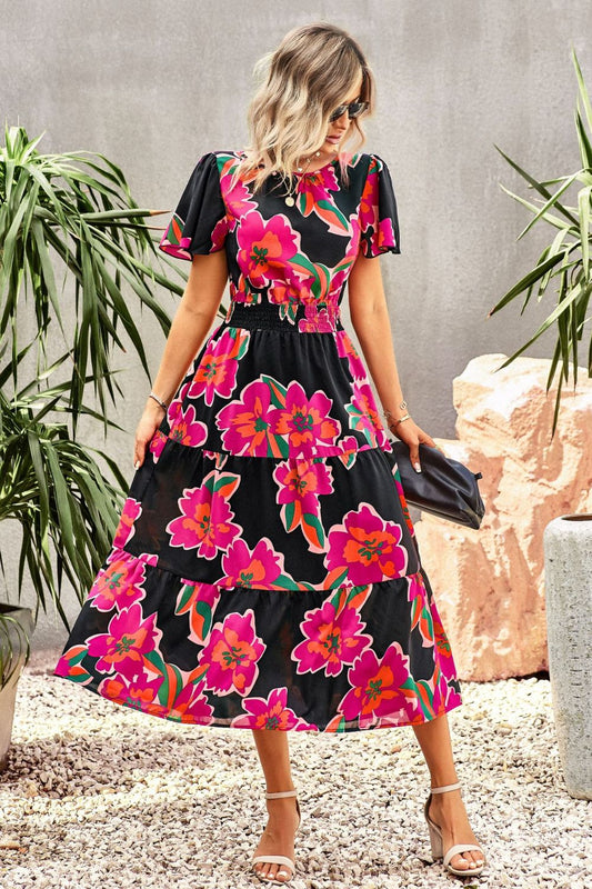 Women’s Floral Puff Sleeve Tiered Midi Dress