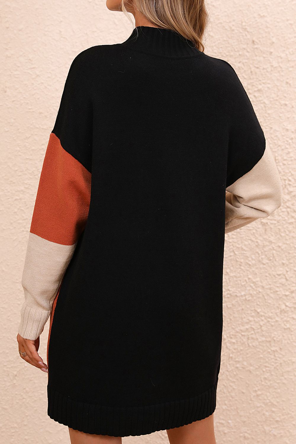 Women’s Color Block Mock Neck Dropped Shoulder Sweater Dress