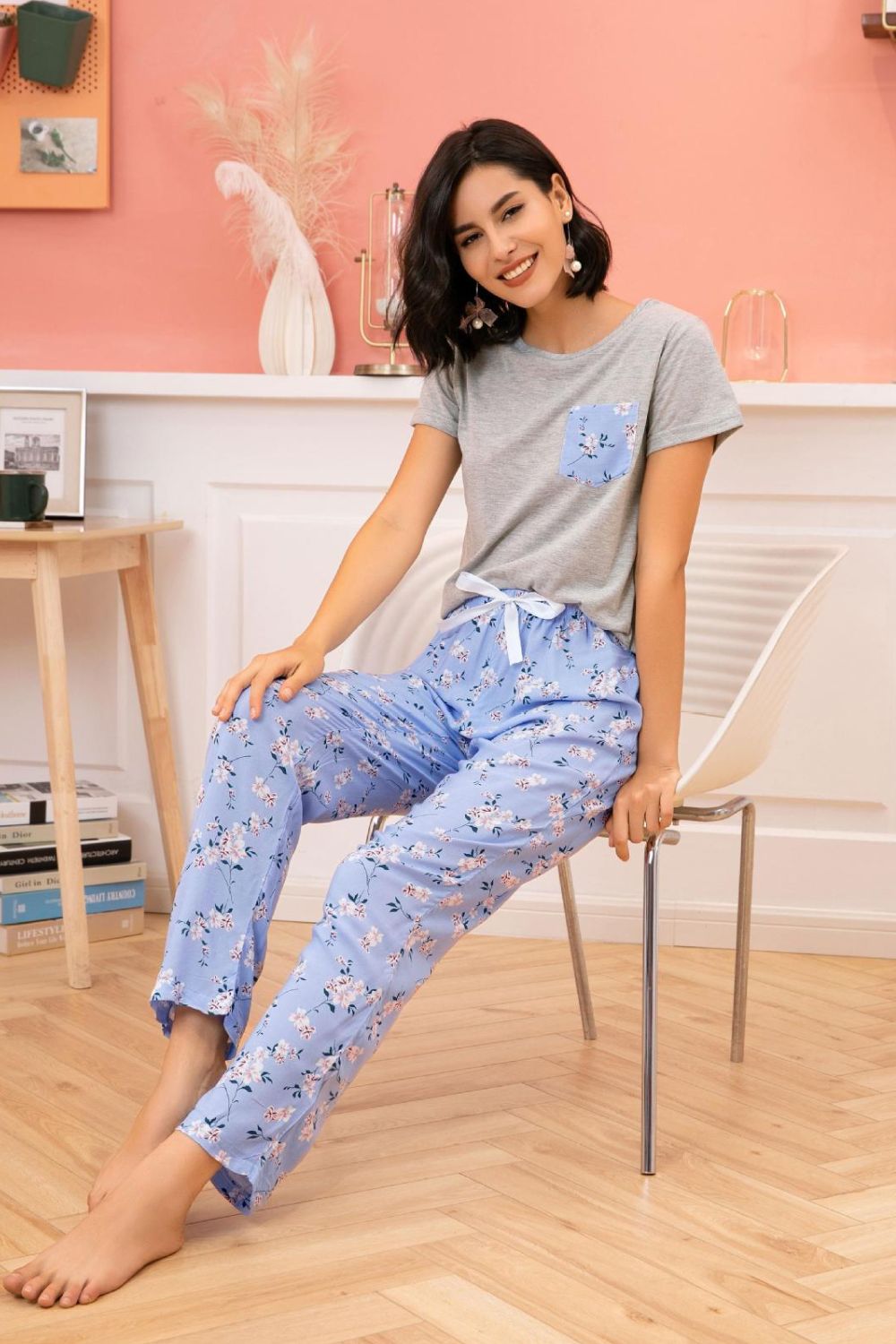 Women’s Round Neck T-Shirt and Floral Pants Lounge Set