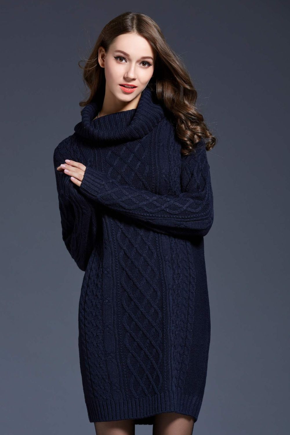 Women’s Full Size Mixed Knit Cowl Neck Dropped Shoulder Sweater Dress