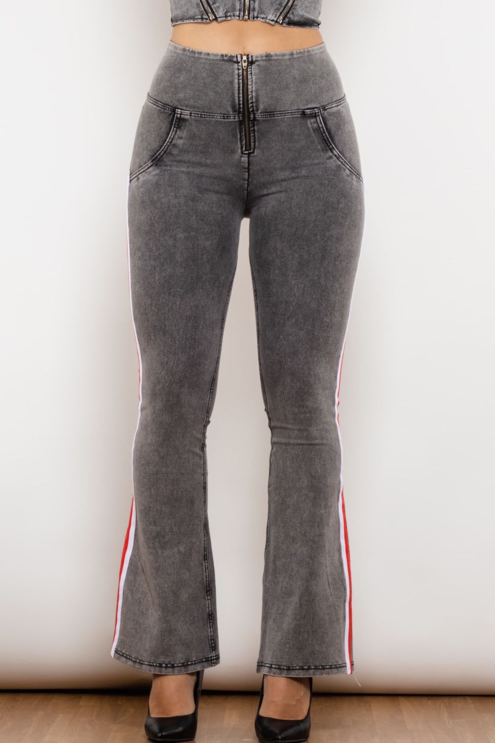 Women’s Side Stripe High Waist Zip Closure Jeans
