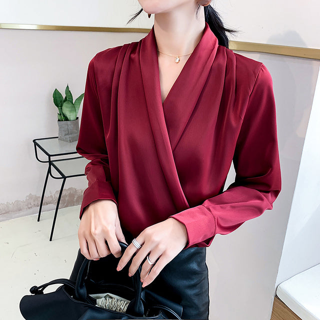 Women’s V-Neck Chiffon Satin Pullover Style Long Sleeve Blouse