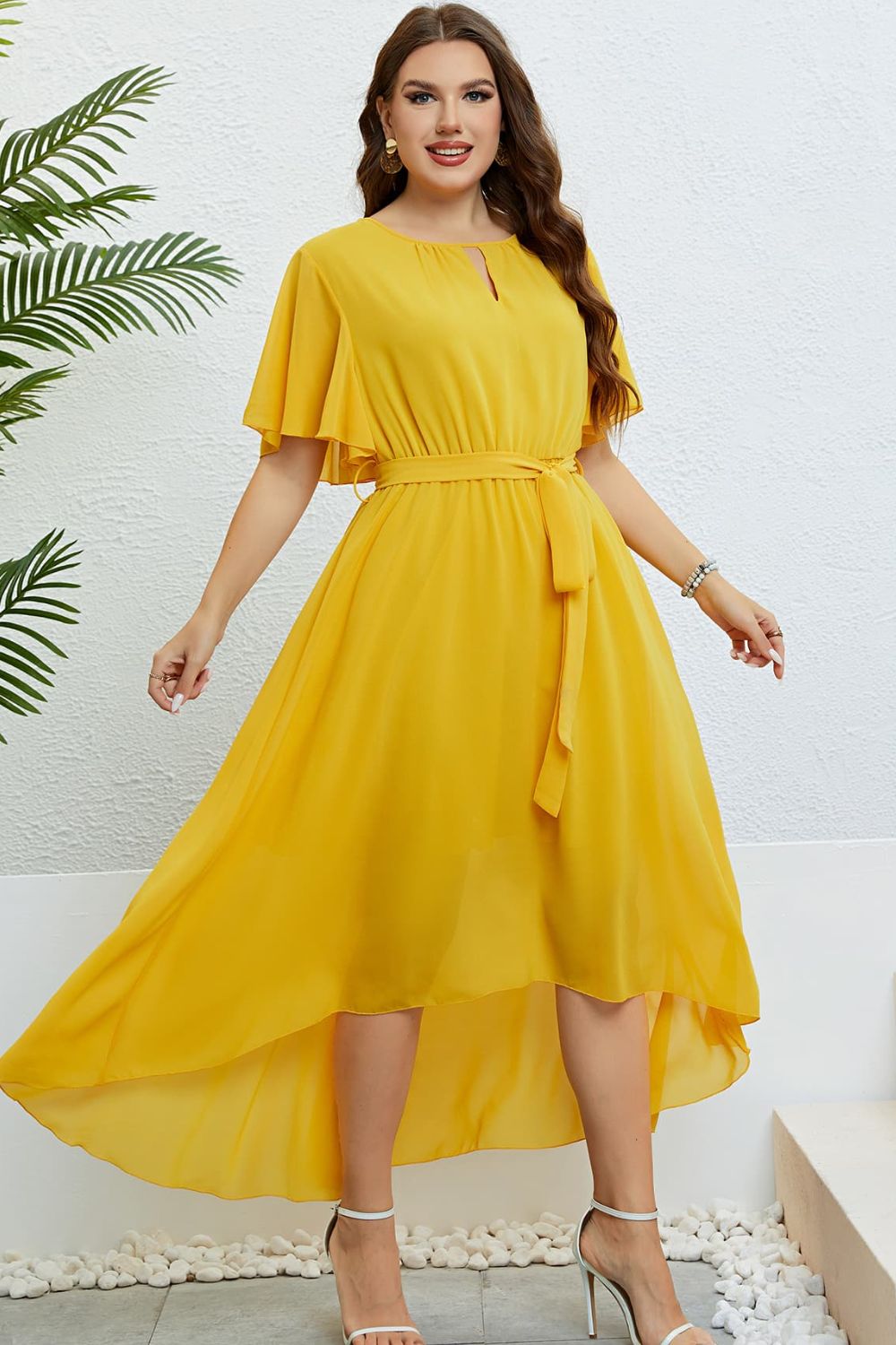 Women’s Belted Flutter Sleeve High-Low Dress