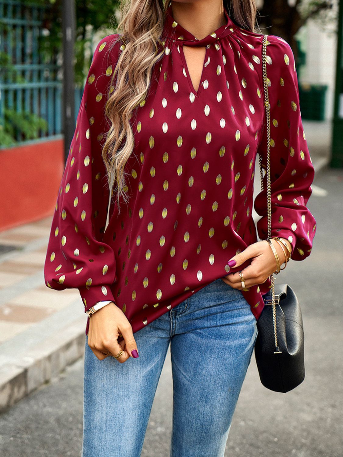 Women’s Mock Neck Cutout Lantern Sleeve Blouse