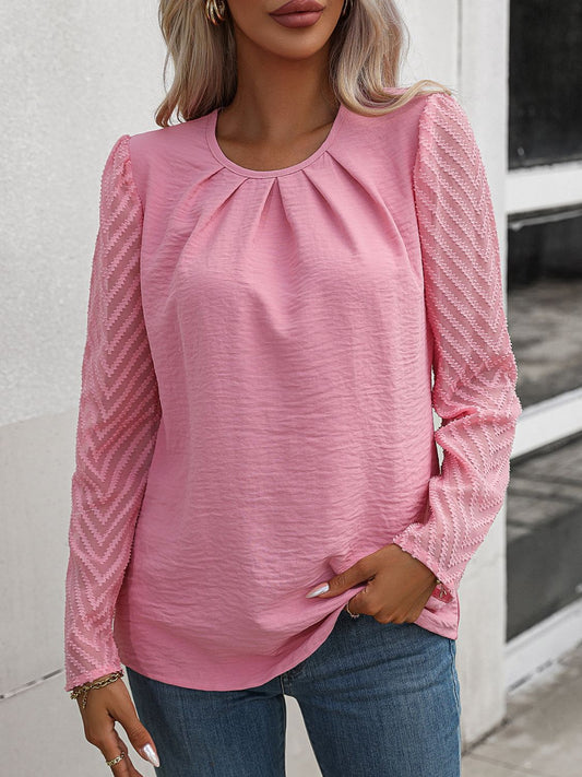 Women’s Ruched Round Neck Puff Sleeve Blouse