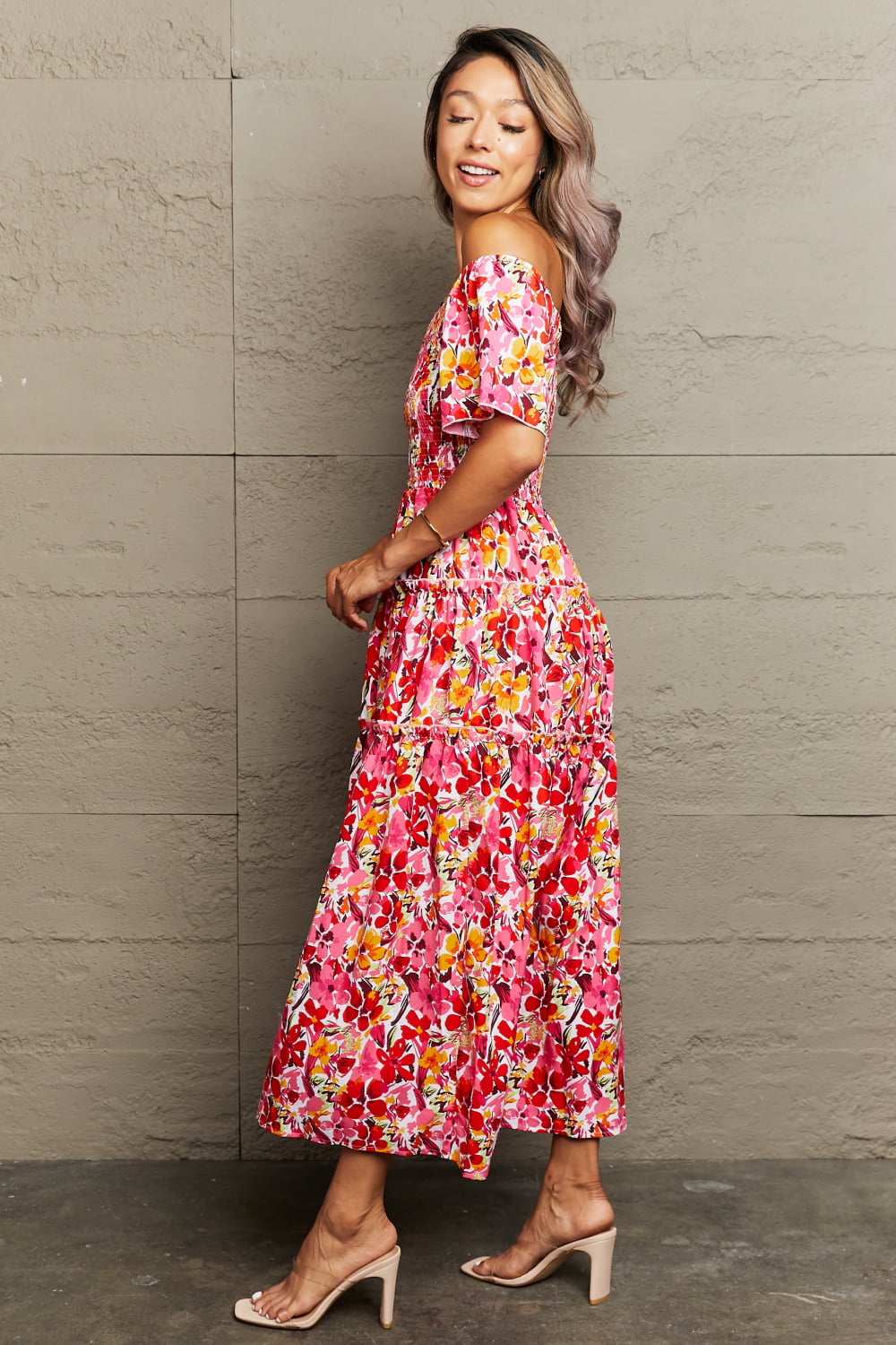 Women’s Floral Off-Shoulder Frill Trim Maxi Dress