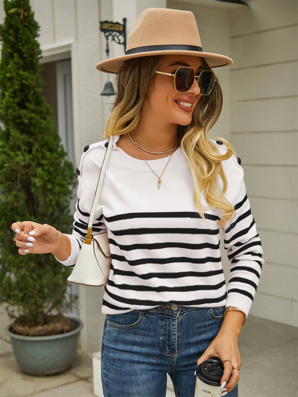 Women’s Round Neck Shoulder Button Striped Pullover Sweater