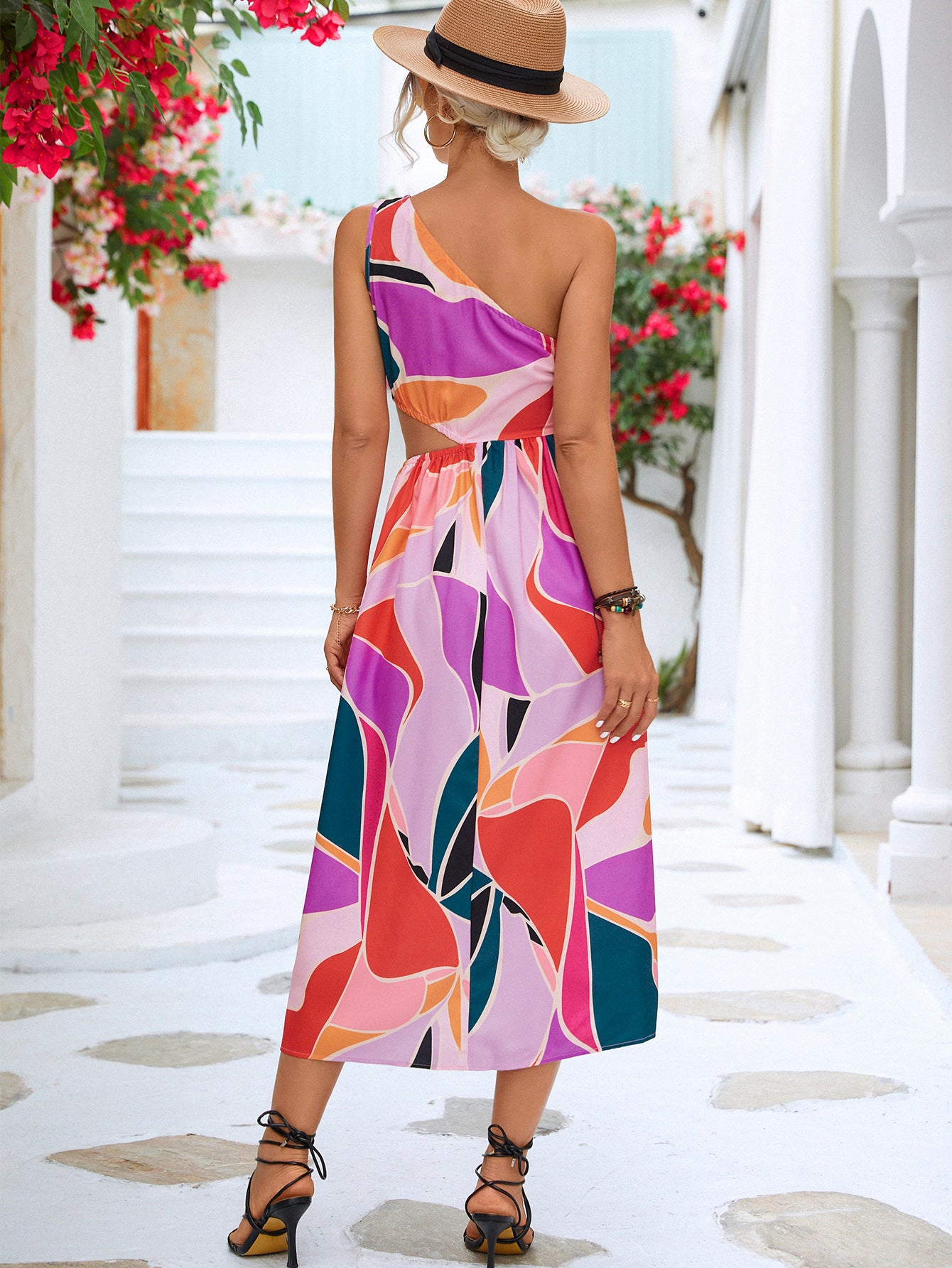 Women’s Printed Cutout One-Shoulder Sleeveless Dress