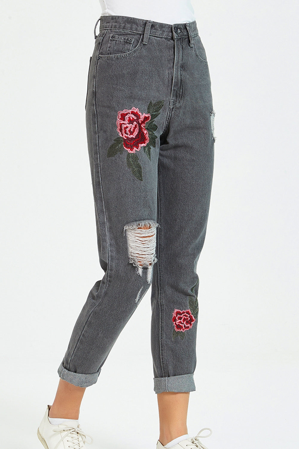 Women’s Flower Embroidery Distressed Jeans