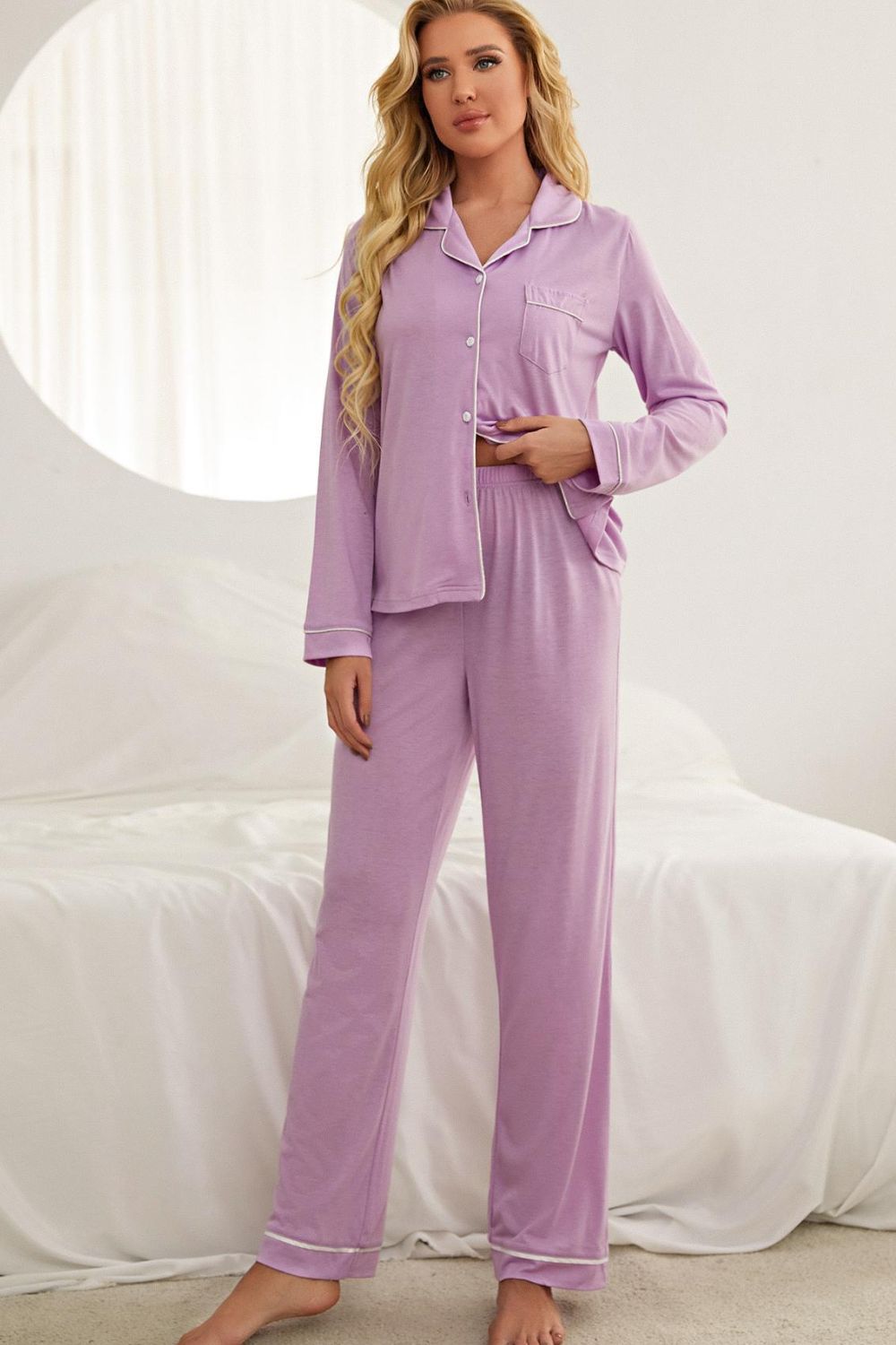 Women’s Contrast Piping Button Down Top and Pants Loungewear Set