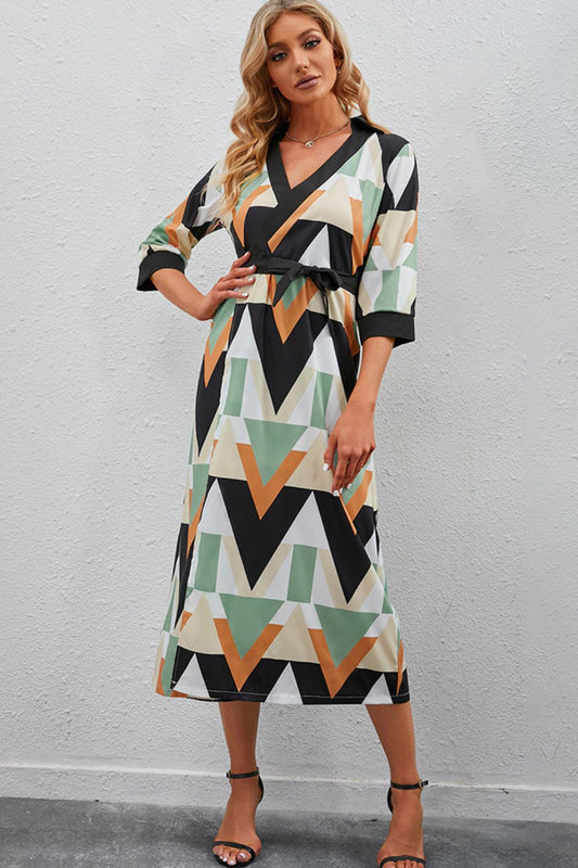 Women’s Printed Three-Quarter Sleeve Tied Midi Dress