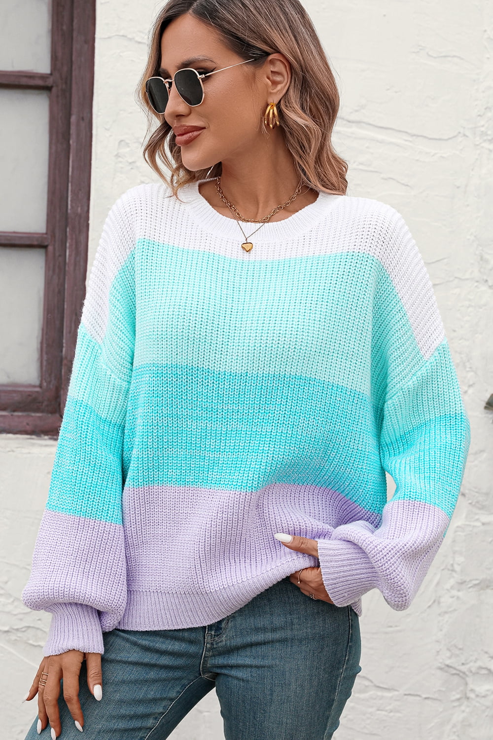 Women’s Round Neck Color Block Ribbed Pullover Sweater