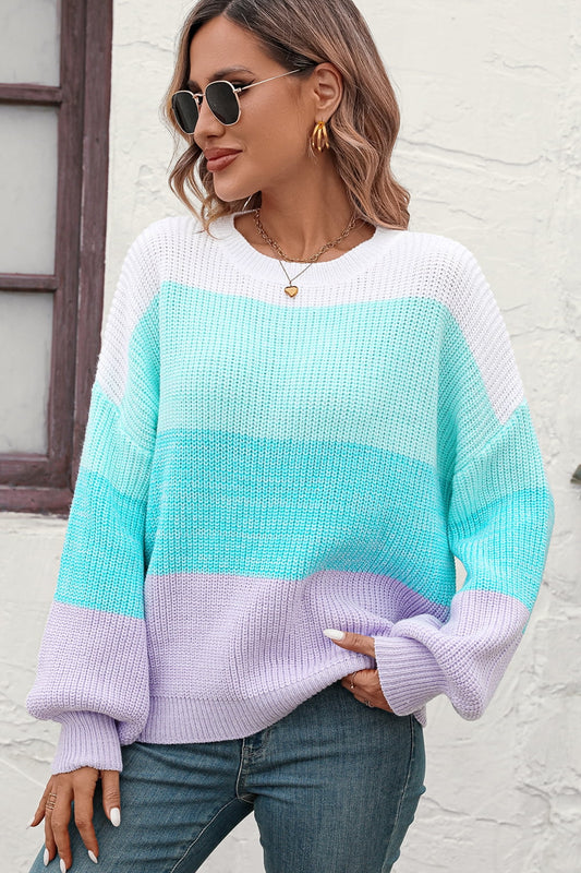 Women’s Round Neck Color Block Ribbed Pullover Sweater