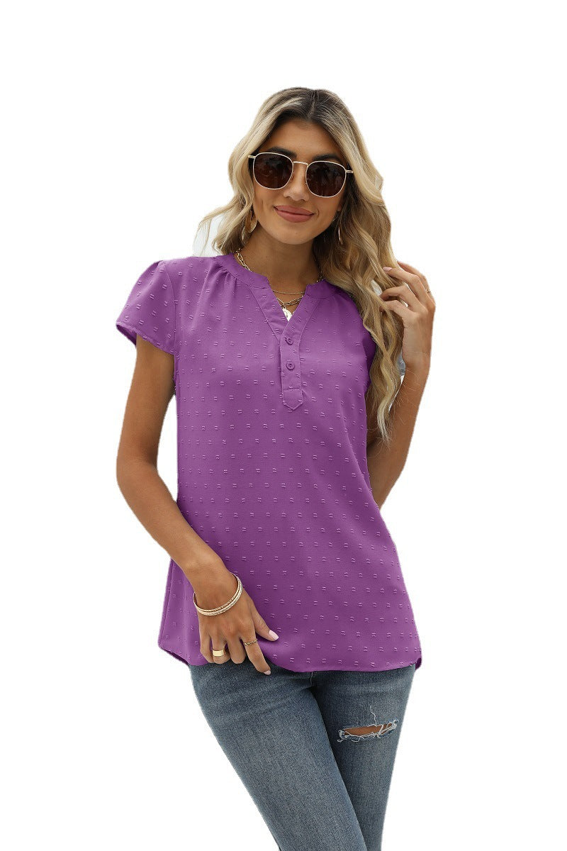 Women’s Swiss Dot Notched Neck Short Sleeve Top