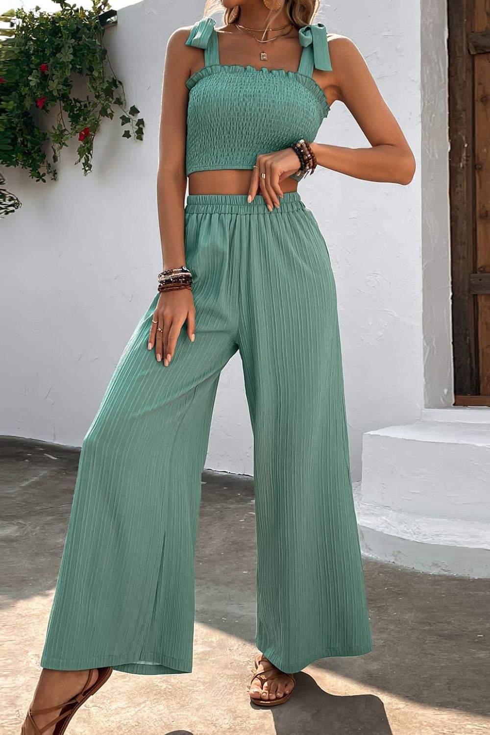 Women’s Tie Shoulder Smocked Crop Top and Wide Leg Pants Set