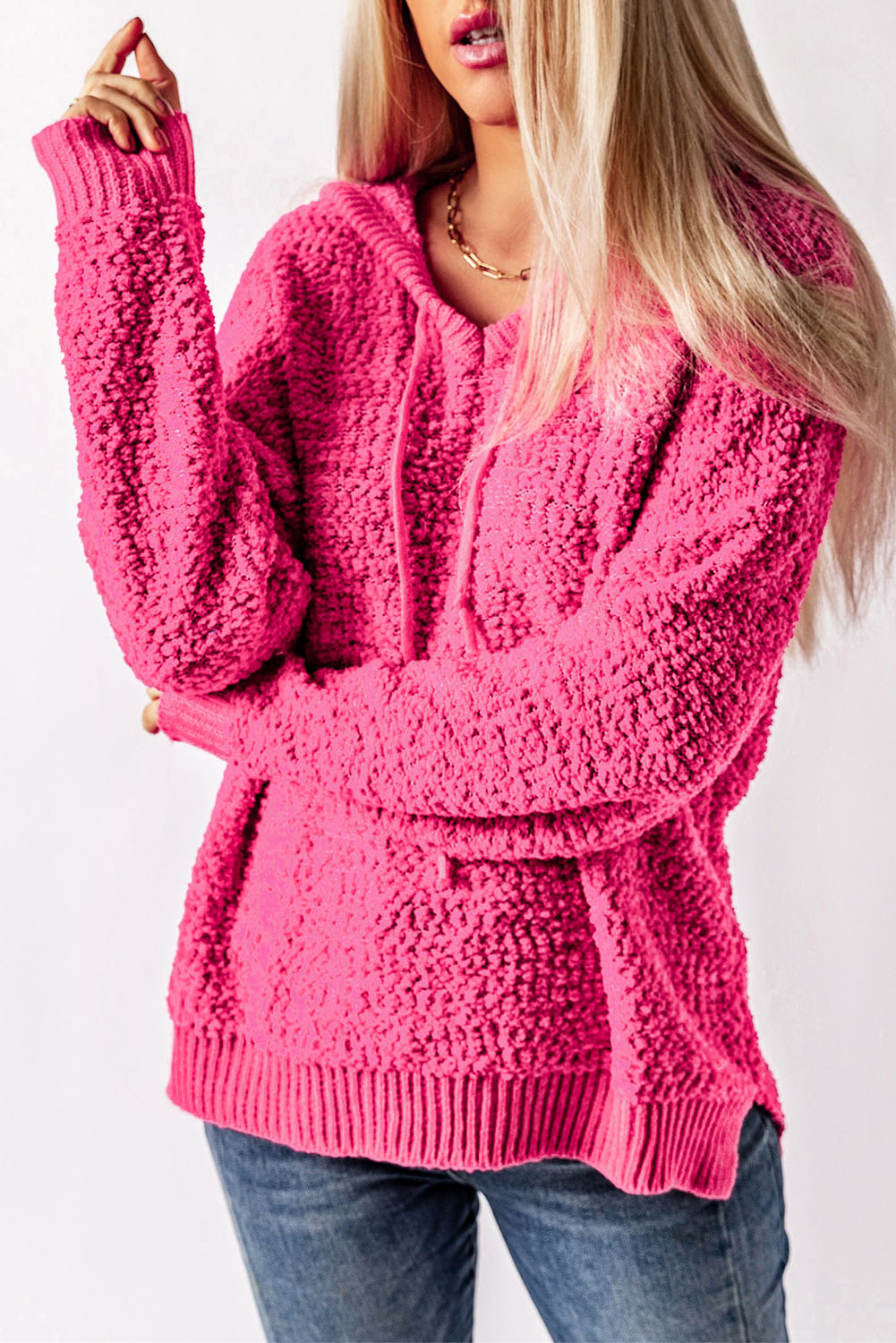 Women’s Popcorn Knit Slit Hooded Sweater