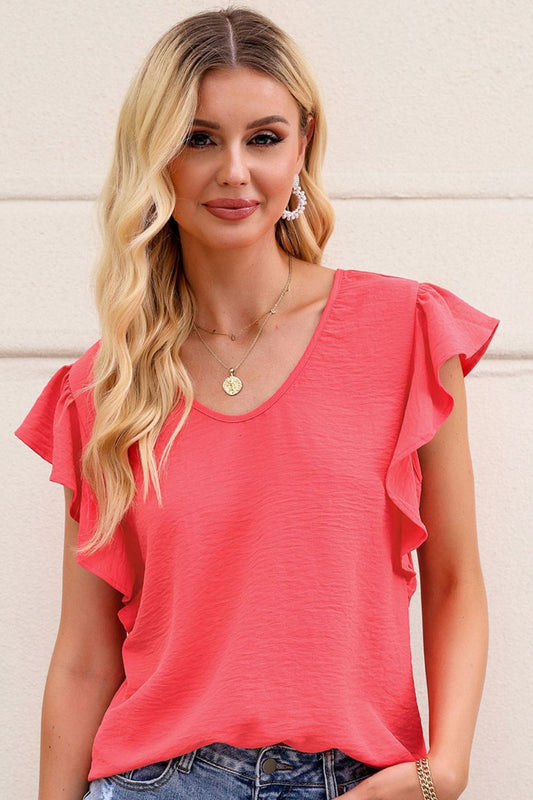 Women’s V-Neck Tied Flutter Sleeve Blouse