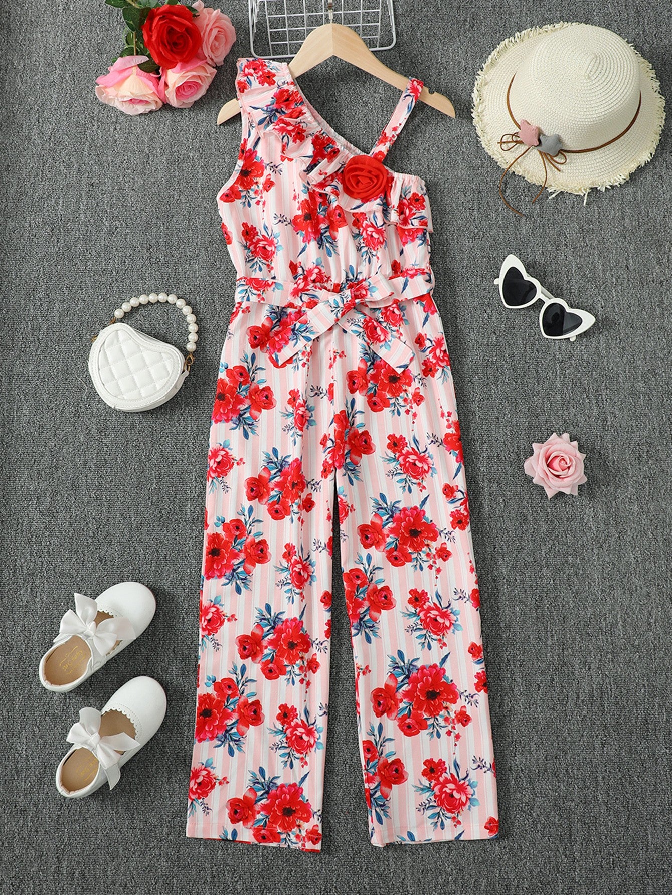 Children’s Girls Floral Asymmetrical Neck Tie Belt Jumpsuit