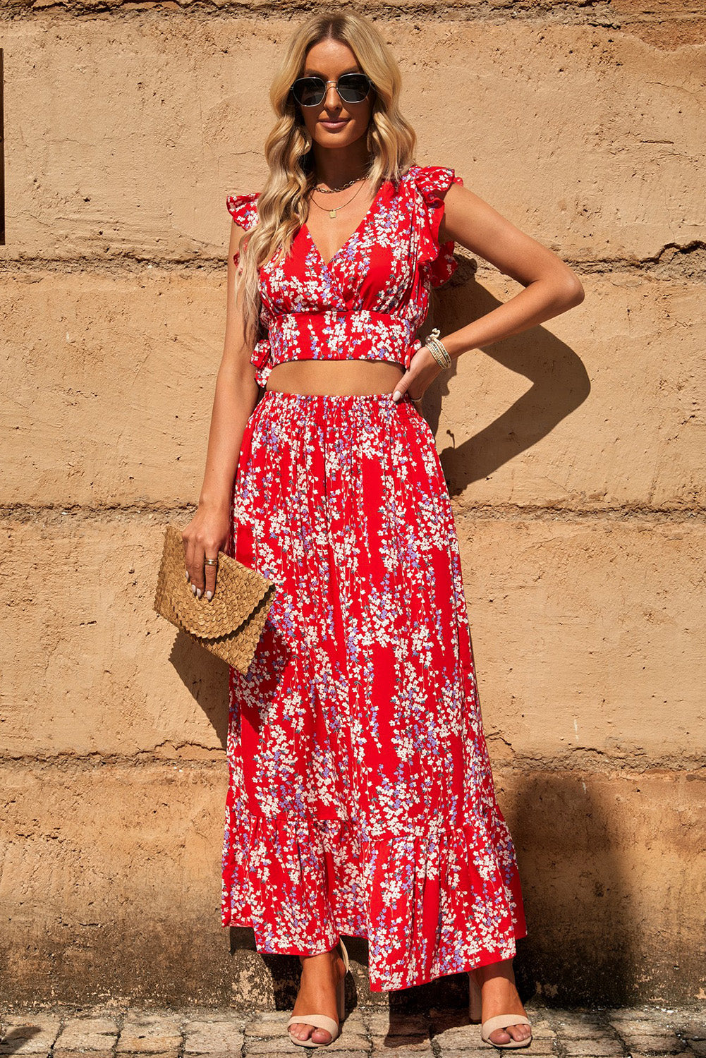 Women’s Printed Tie Back Cropped Top and Maxi Skirt Set