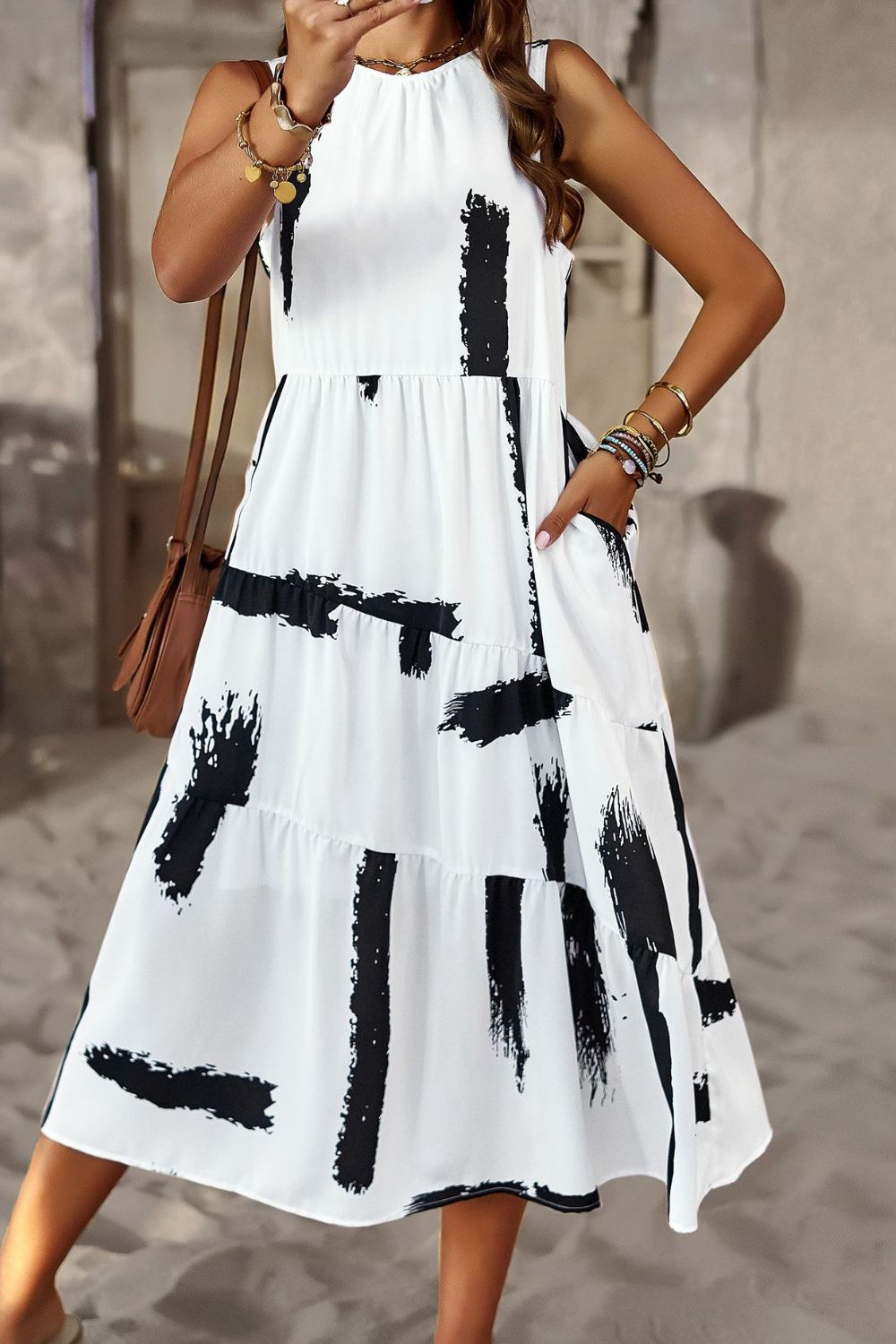 Women’s Printed Sleeveless Midi Dress with Pocket