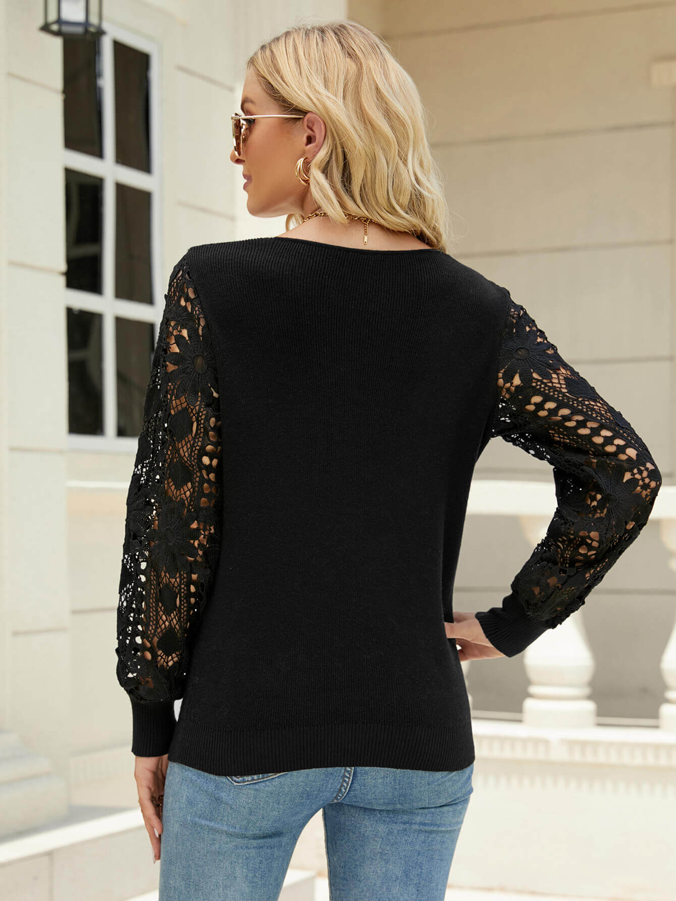 Women’s Lace Sleeve Ribbed Trim V-Neck Sweater