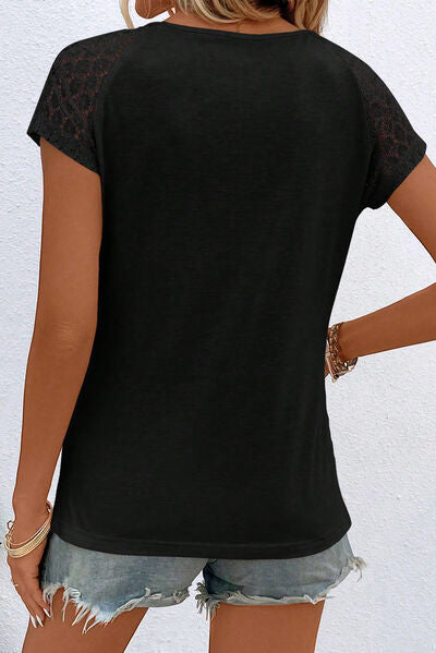 Women’s Cutout Round Neck Lace Short Sleeve T-Shirt