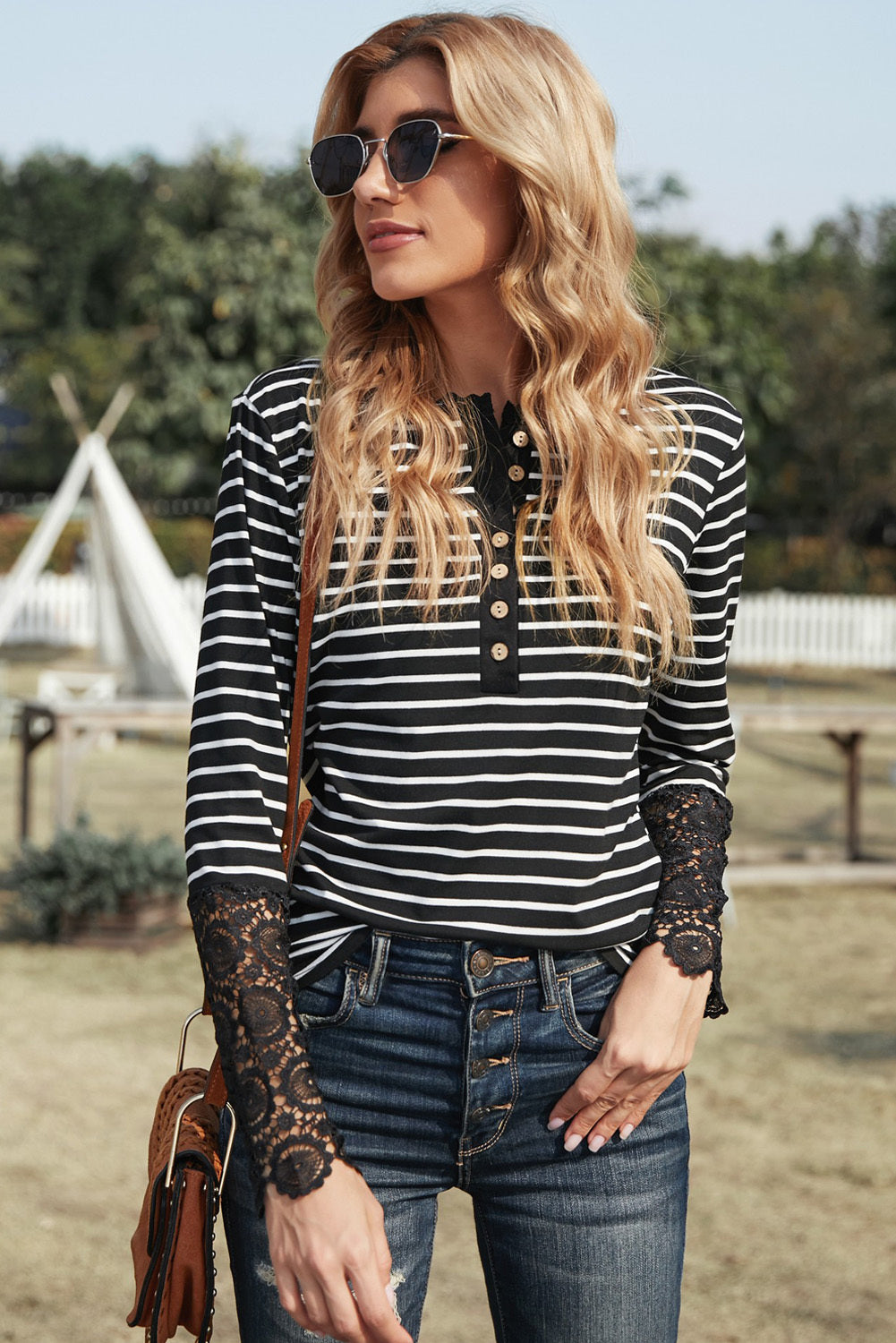Women’s Striped Button-Up Lace Detail Long Sleeve Blouse