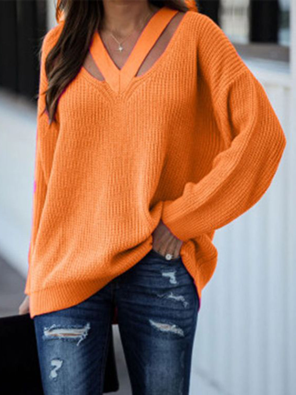 Women’s Full Size Cutout V-Neck Rib-Knit Sweater