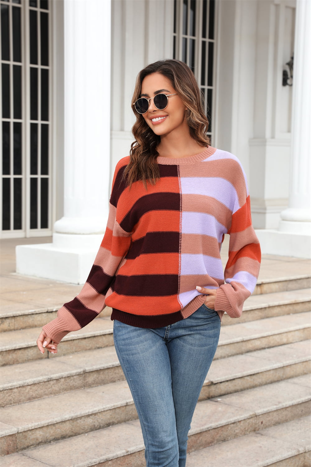 Women’s Round Neck Long Sleeve Color Block Dropped Shoulder Pullover Sweater