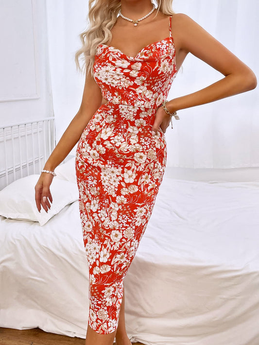 Women’s Floral Print Tie Back Cowl Neck Sleeveless Midi Dress