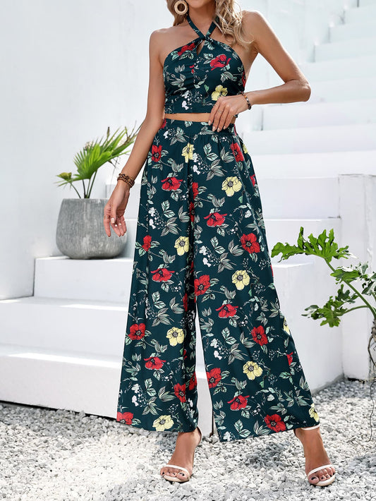 Women’s Floral Halter Neck Top and Wide Leg Pants Set