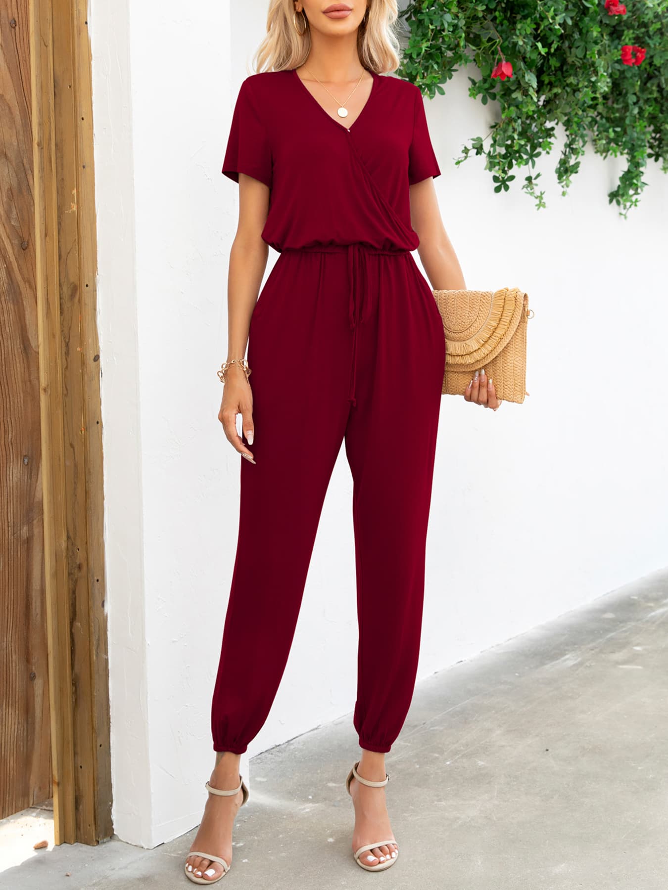 Women’s Short Sleeve V-Neck Jumpsuit with Pockets