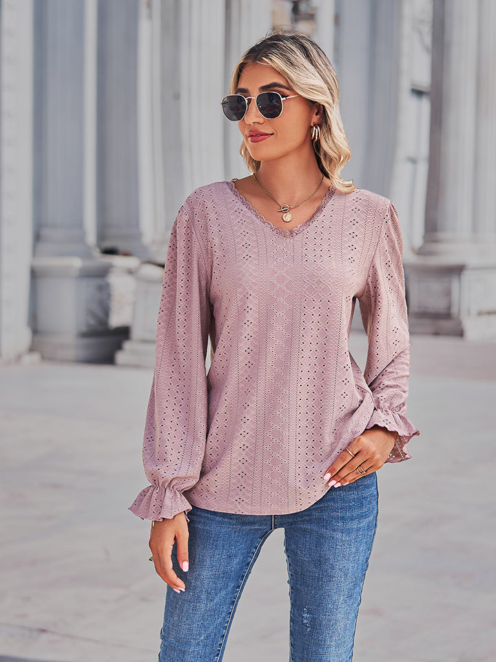 Women’s Eyelet V-Neck Flounce Sleeve Blouse