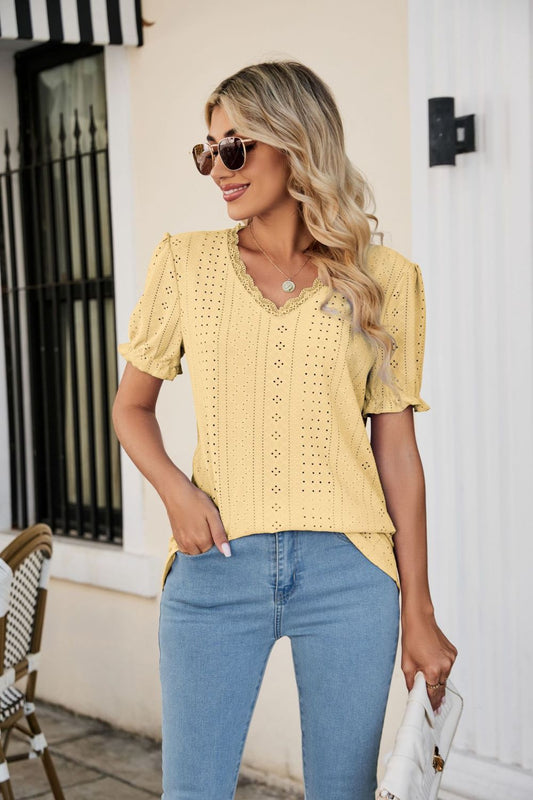 Women’s Eyelet Flounce Sleeve Scalloped V-Neck Top